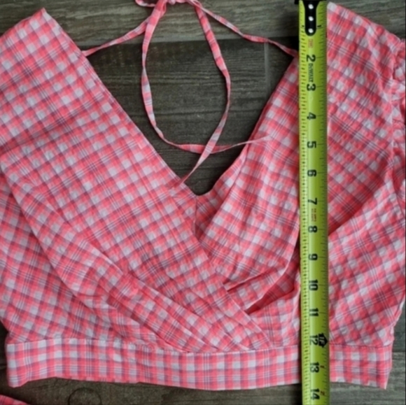TOPSHOP Pink & White Gingham Print Long Puff Sleeve Crop Top, Size 6 - Picture 4 of 8